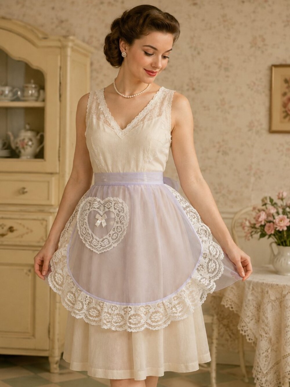 Sheer Lace Women's Apron Tie Back with Heart Shaped Pocket 16" Length